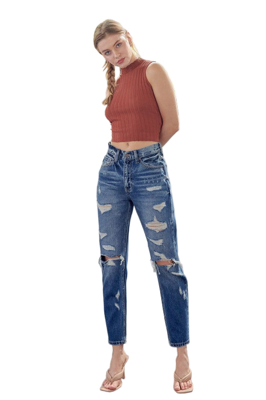Mænds Mom Fit Denim Jeans Høj Talje Mørk 0