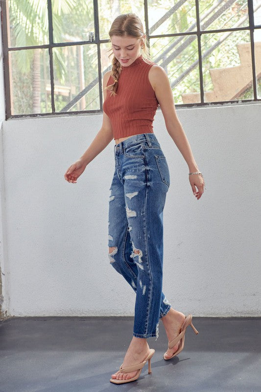 Mænds Mom Fit Denim Jeans Høj Talje Mørk 2