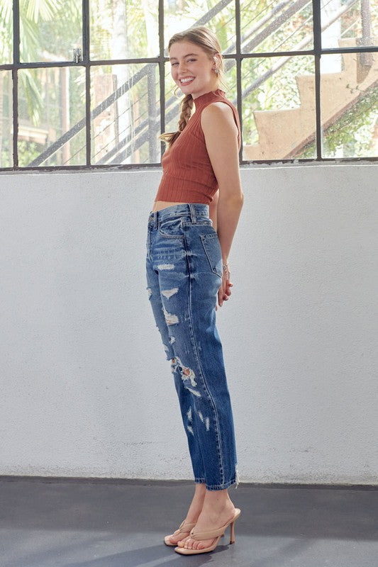 Mænds Mom Fit Denim Jeans Høj Talje Mørk 4