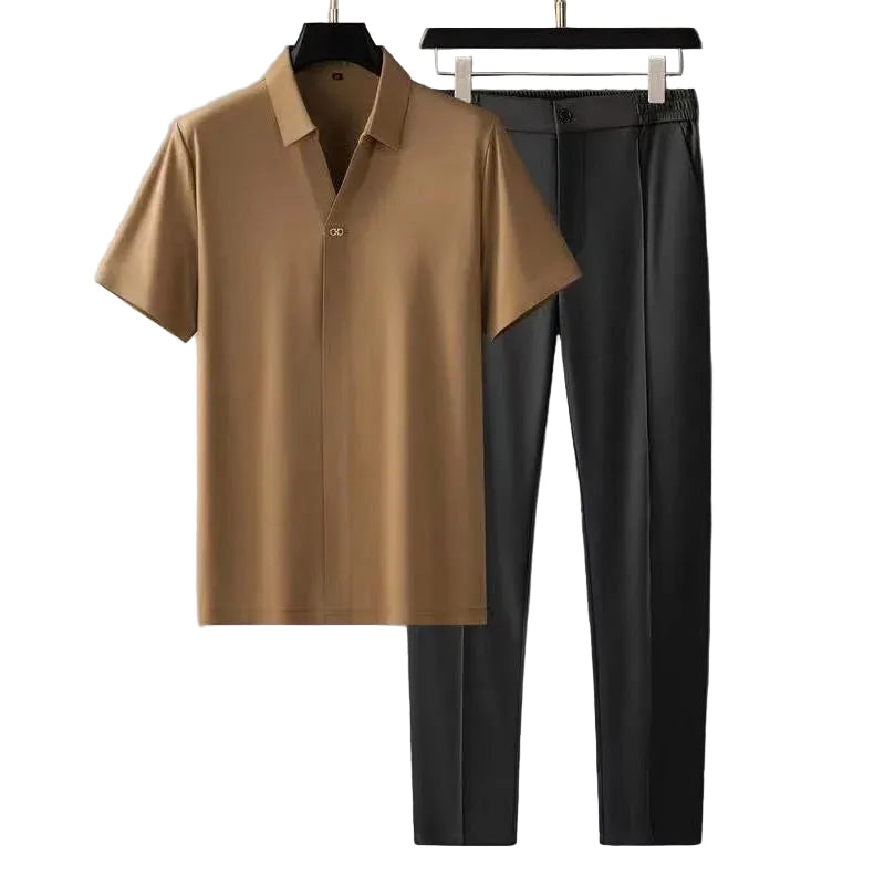 Mænds Påklædningssæt V-Udskæring Kortærmet Skjorte og Bukser 0