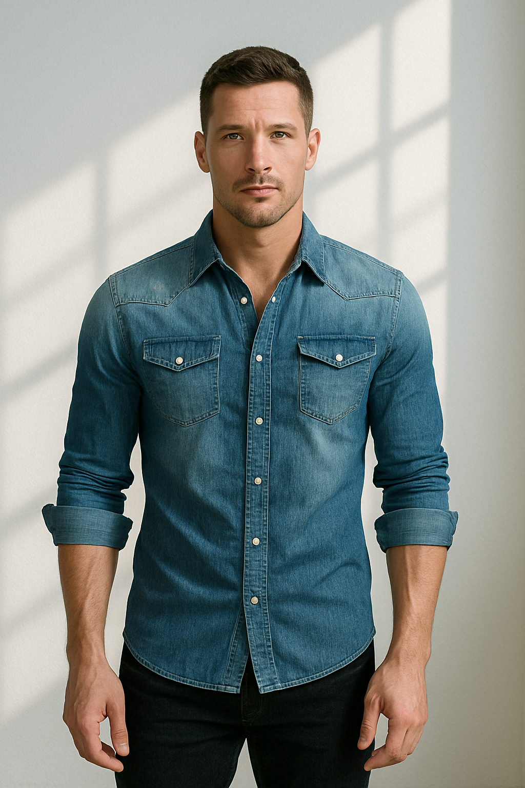 Mænds Retro Denim Skjorte med Knaplommer 0