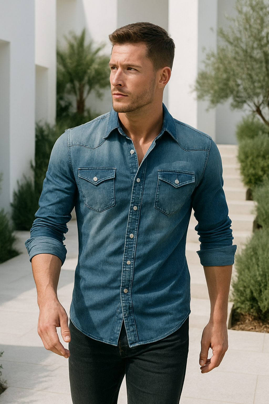 Mænds Retro Denim Skjorte med Knaplommer 1