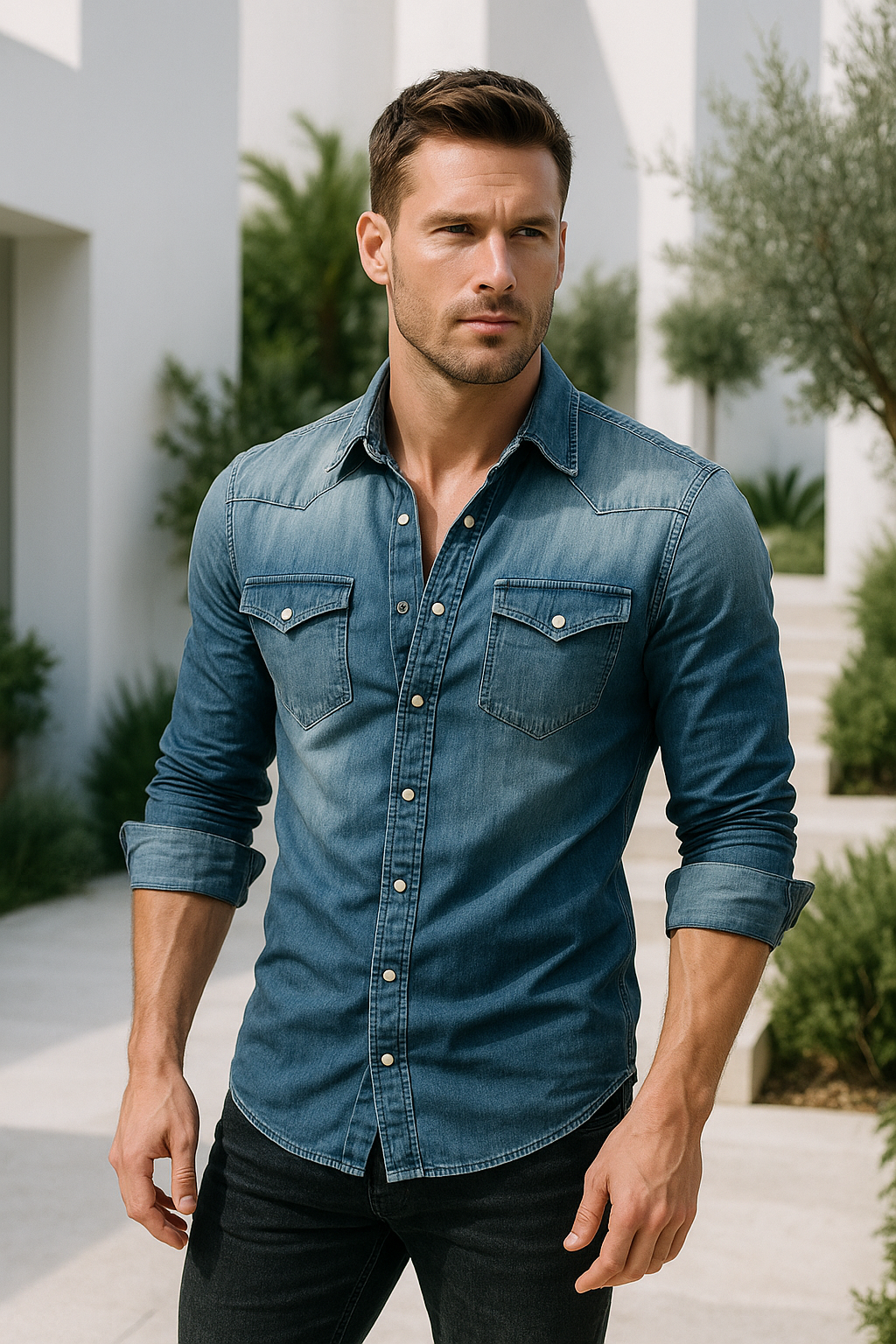 Mænds Retro Denim Skjorte med Knaplommer 2