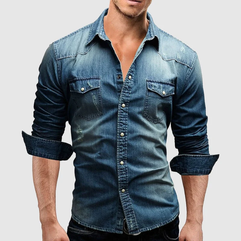 Mænds Retro Denim Skjorte med Knaplommer 4