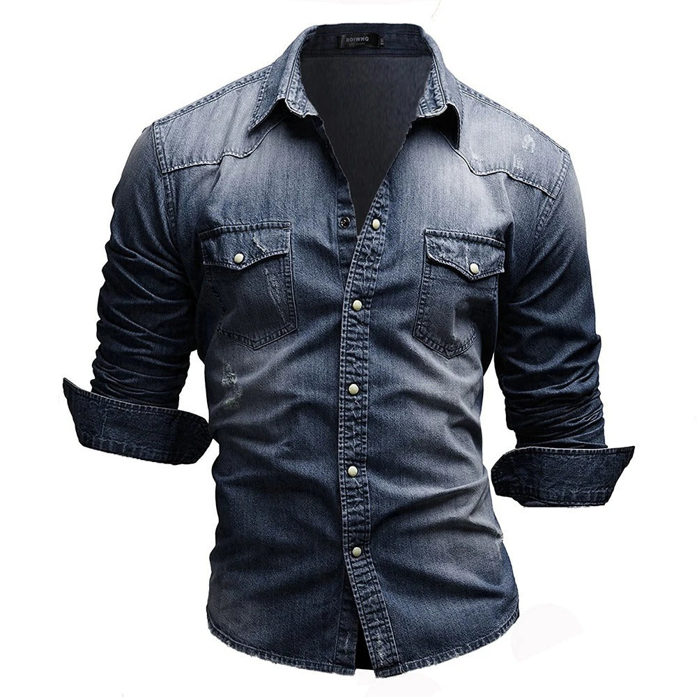 Mænds Retro Denim Skjorte med Knaplommer 5