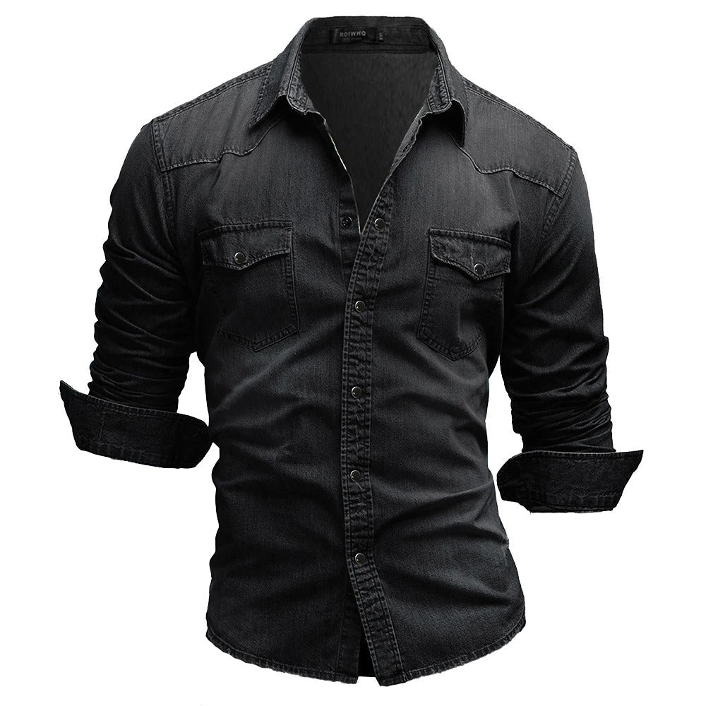 Mænds Retro Denim Skjorte med Knaplommer 6
