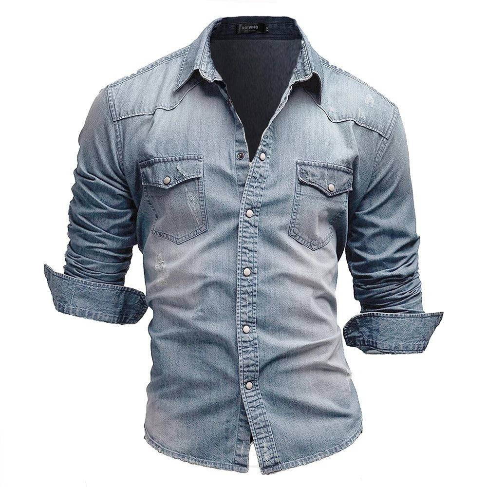 Mænds Retro Denim Skjorte med Knaplommer 7
