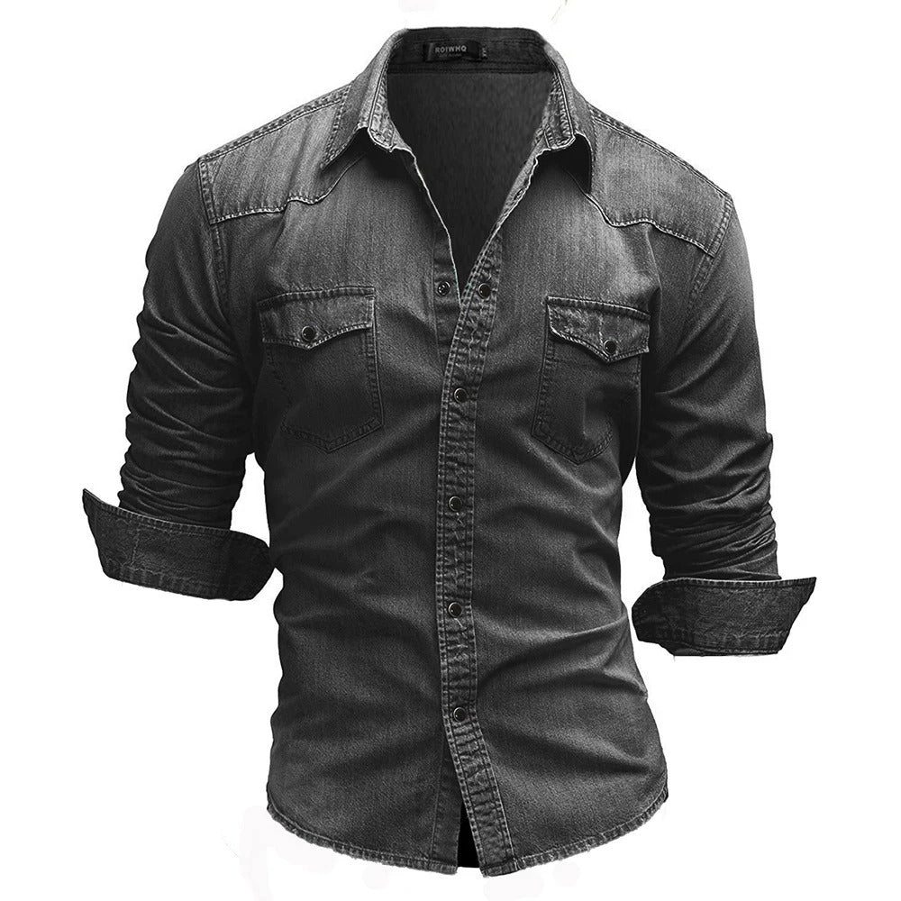 Mænds Retro Denim Skjorte med Knaplommer 8