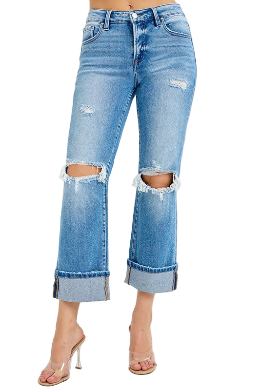 Mænds Straight Jeans Cuffed Mid Rise Denim 0