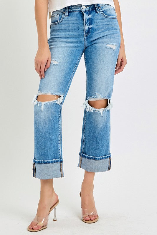 Mænds Straight Jeans Cuffed Mid Rise Denim 1