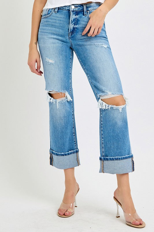 Mænds Straight Jeans Cuffed Mid Rise Denim 2