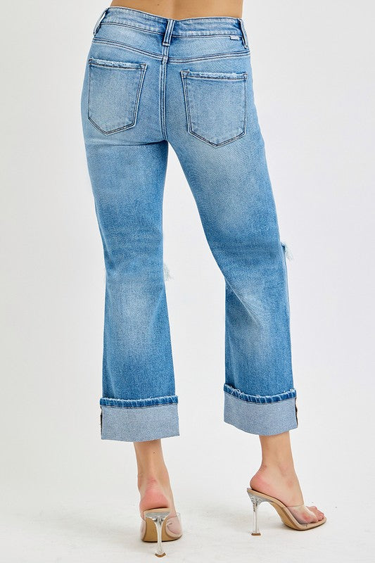 Mænds Straight Jeans Cuffed Mid Rise Denim 4