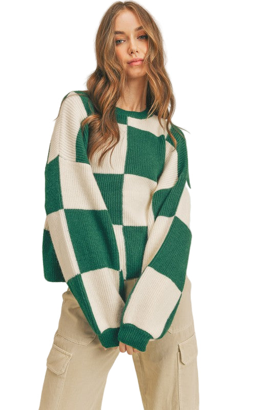Oversized Pullover Tjekket Mønster Grøn 0