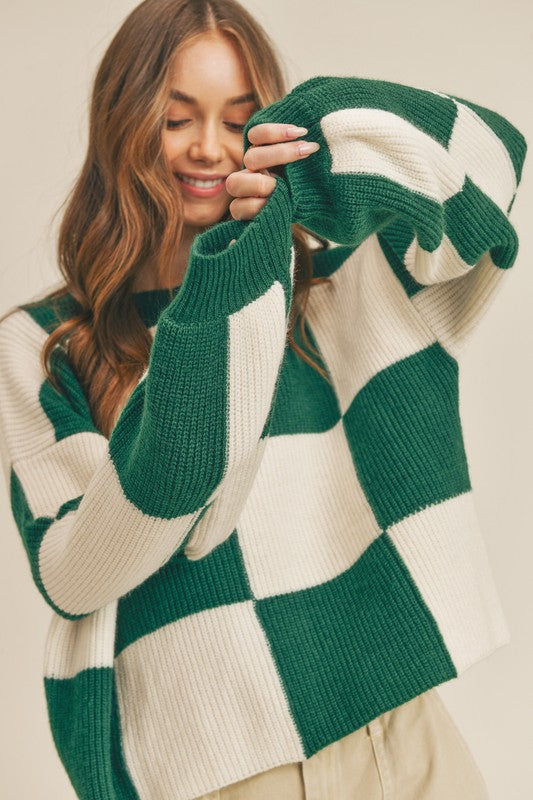 Oversized Pullover Tjekket Mønster Grøn 1