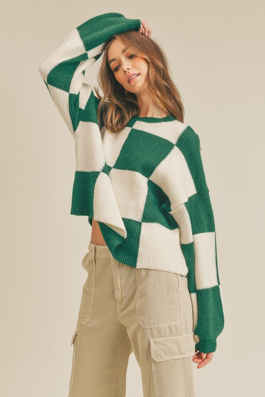 Oversized Pullover Tjekket Mønster Grøn 2