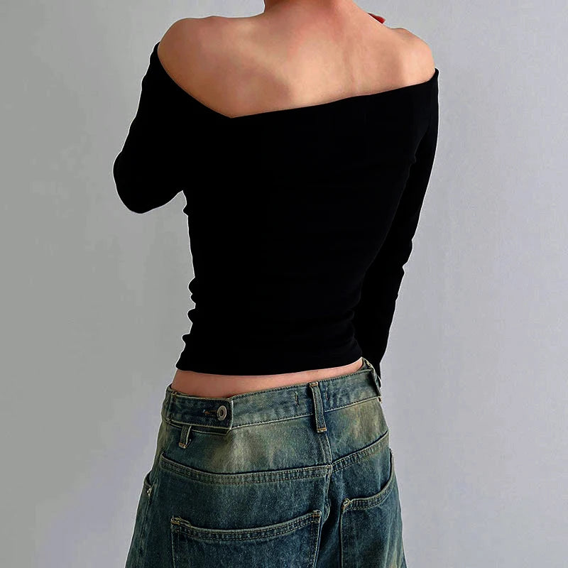 Ensfarvede langærmede off shoulder-toppe