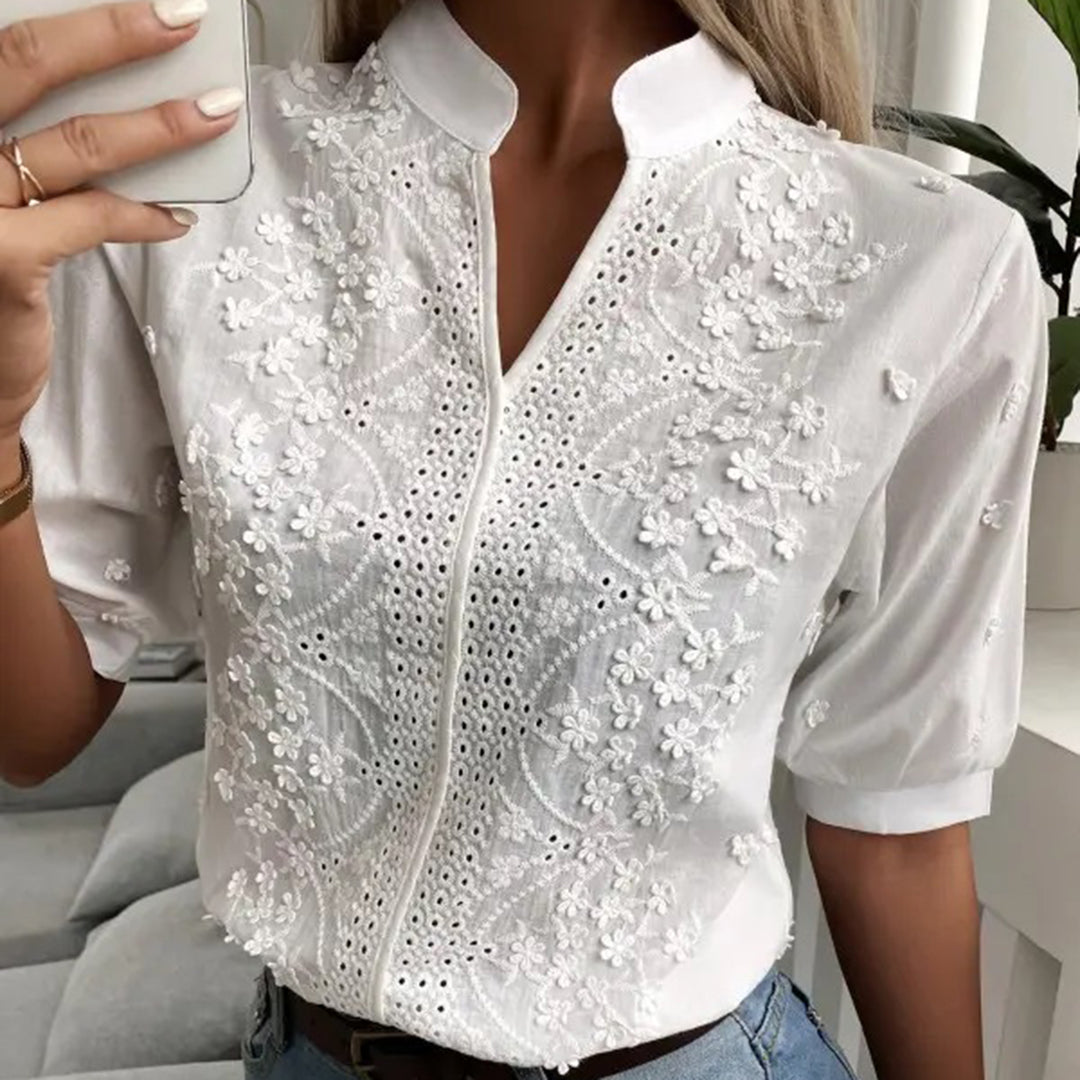 Skjortebluse Dame Korte Ærmer Blonder Blødt Stof 3
