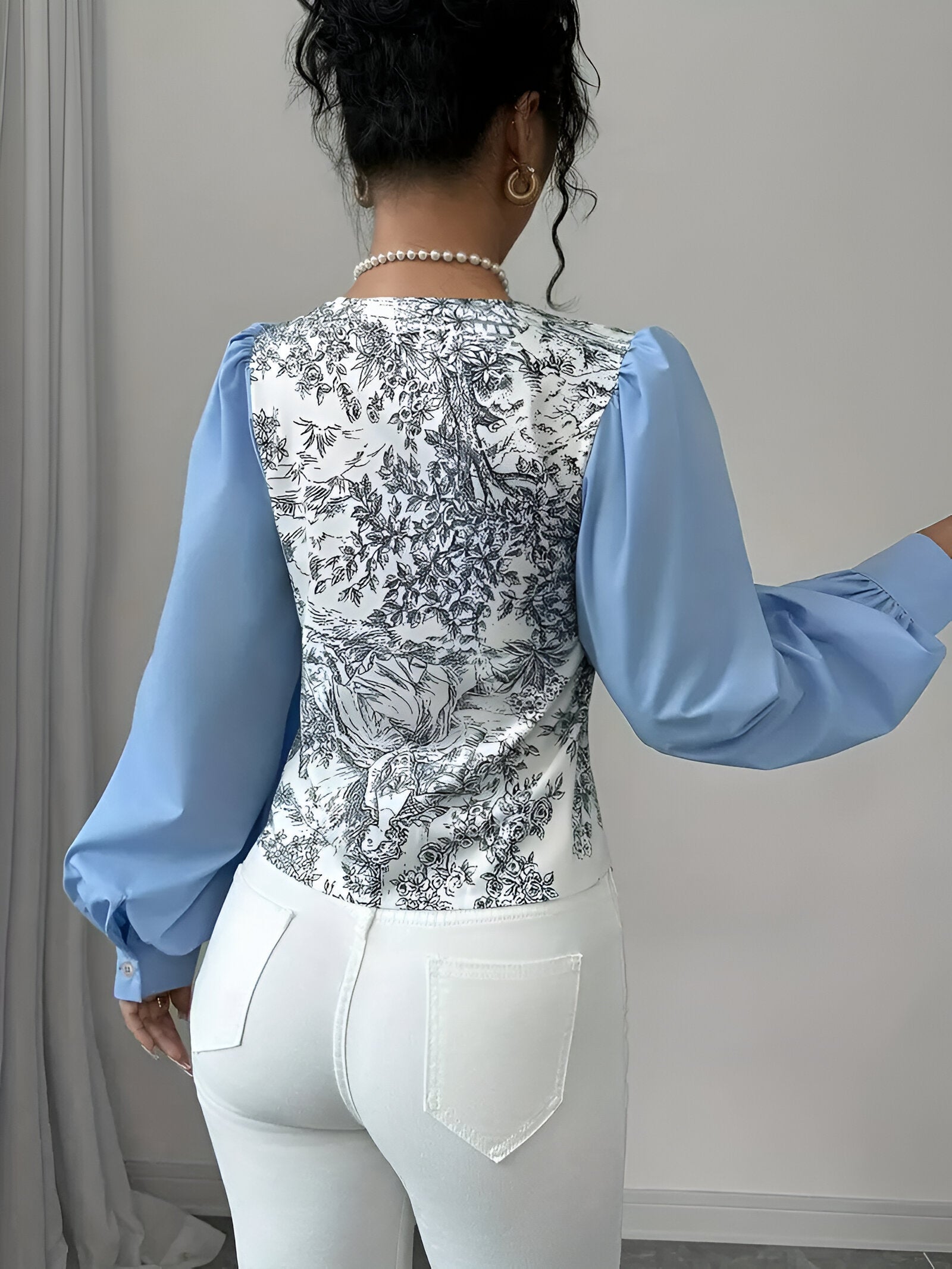 Skjortebluse Dame V-hals Lanterneærmer 100% Polyester Blomsterprint-6