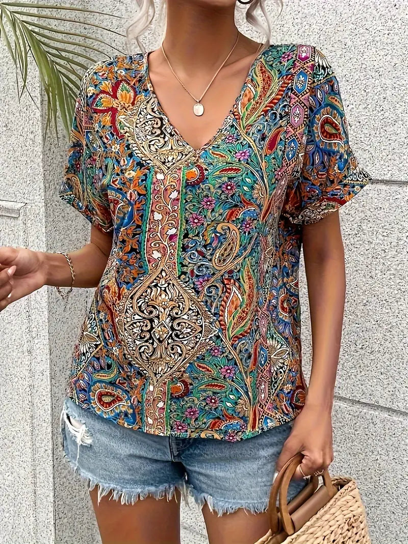 Skjortebluse Dame V-Hals Paisley Print Let Vævet Stof-2