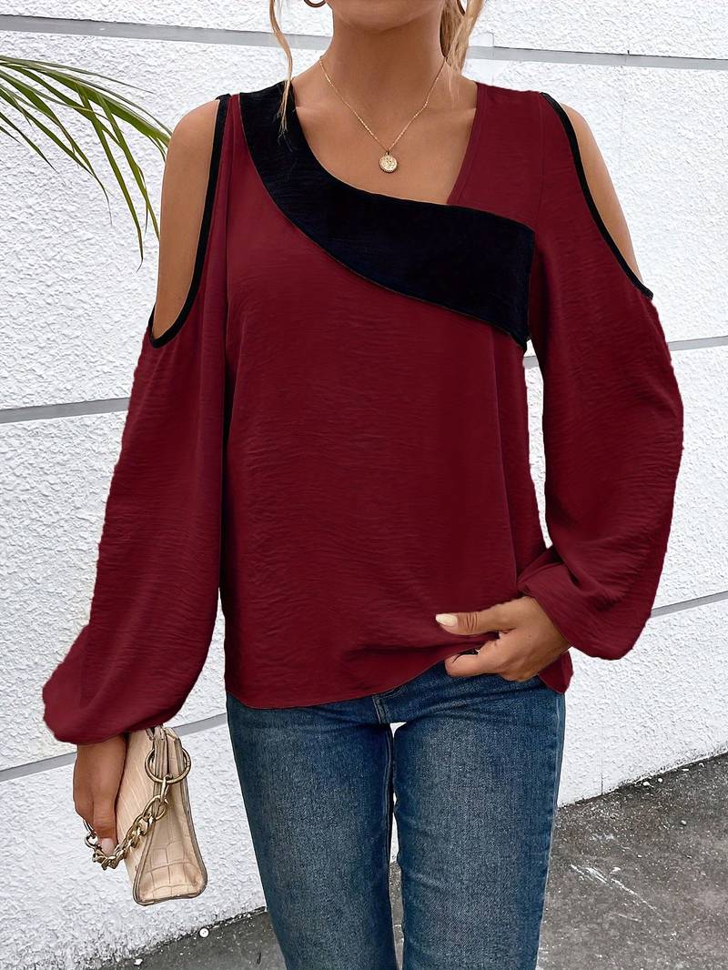 Dame Bluse Farveblok Firkantet Udsnit 100% Polyester Langærmet-5