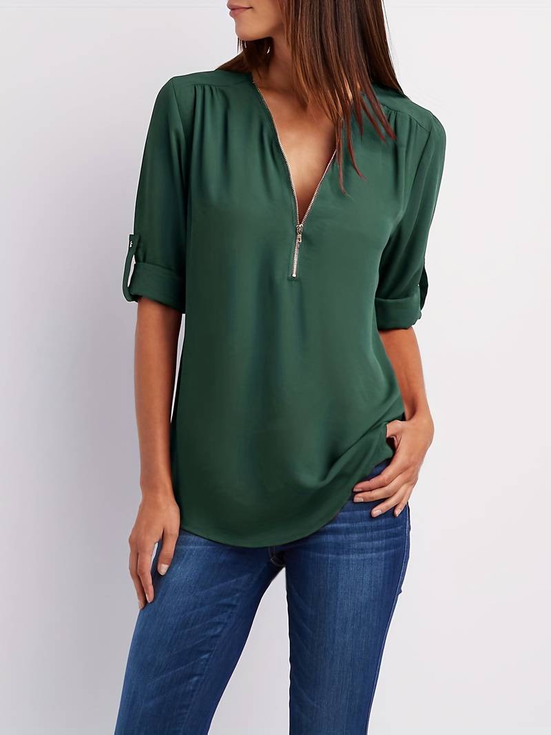 Variant image for Kvinders Casual Bluse Halv Rits 100% Bomuld Rulleopærmer-41