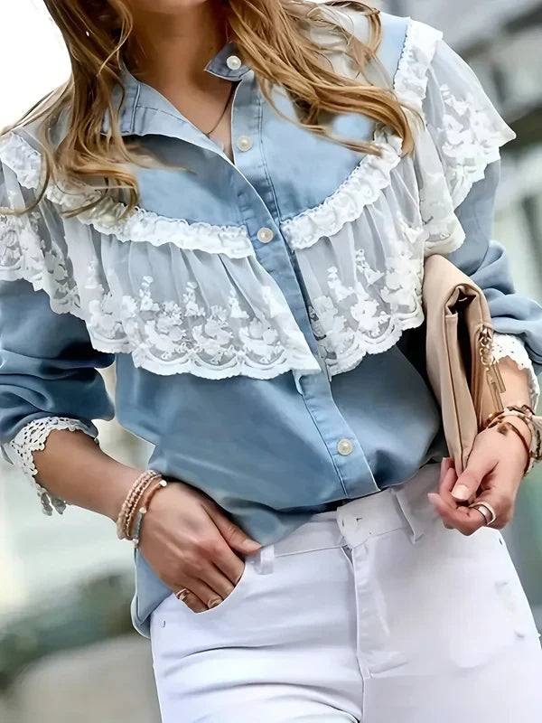 Dame Skjorte Denim Med Kantelementer Komfortabel Pasform-4