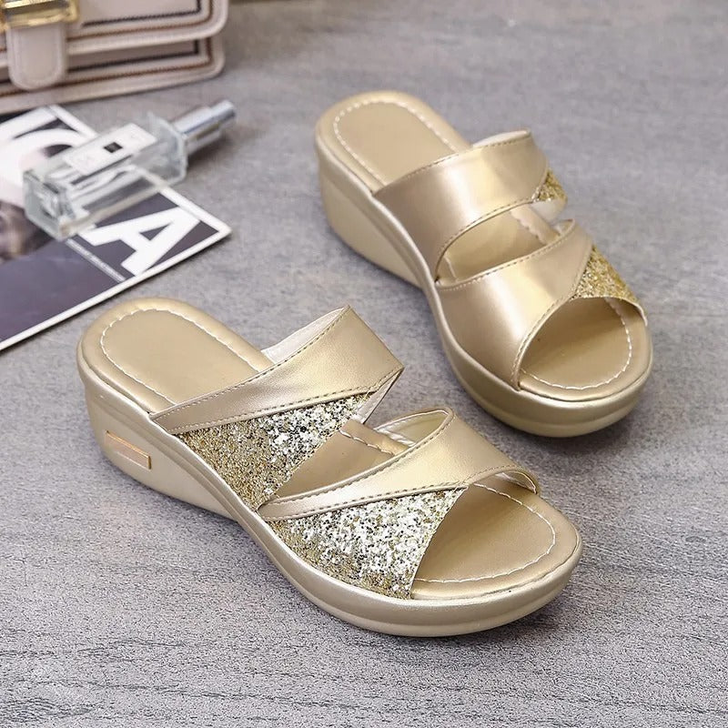Ensfarvede glitter-sandaler til kvinder