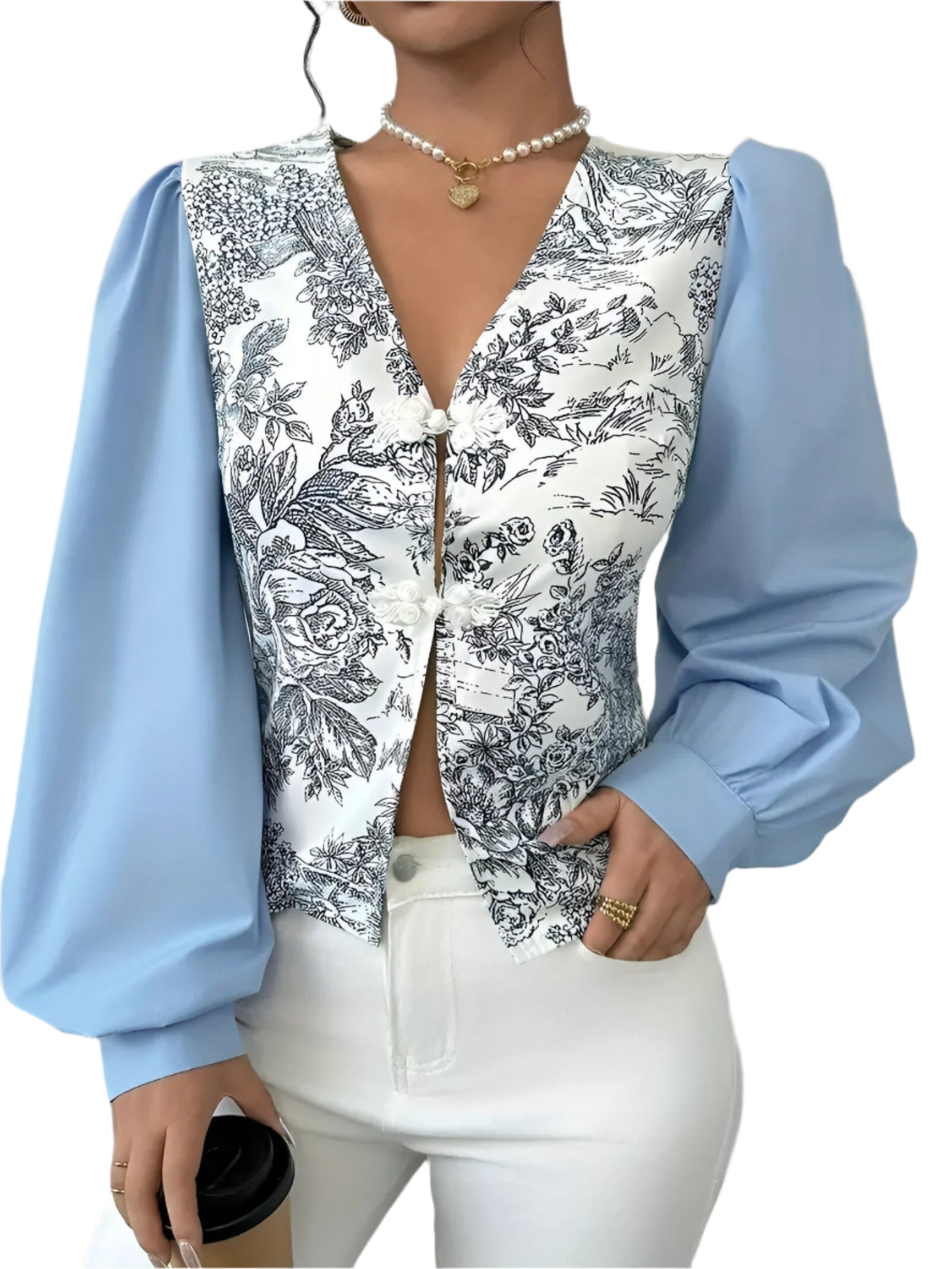 Skjortebluse Dame V-hals Lanterneærmer 100% Polyester Blomsterprint-1