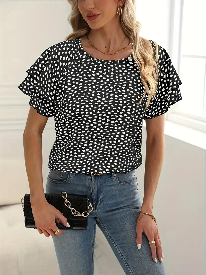 Kvinders Bluse Bølgeformet Design Polyester Rund Halsudskæring-4