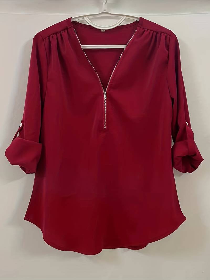 Kvinders Casual Bluse Halv Rits 100% Bomuld Rulleopærmer-3