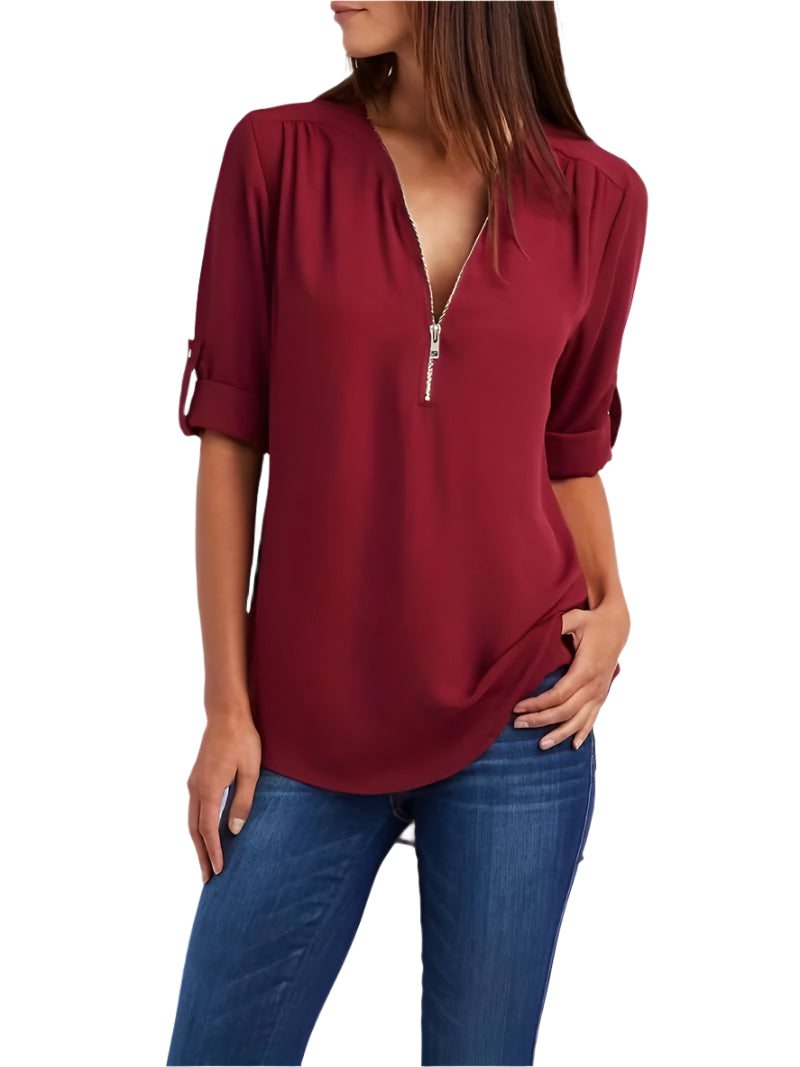 Kvinders Casual Bluse Halv Rits 100% Bomuld Rulleopærmer-1