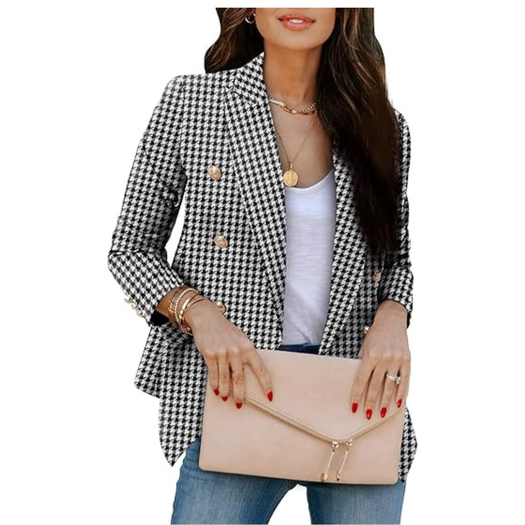 Dobbeltradet houndstooth-blazer til kvinder
