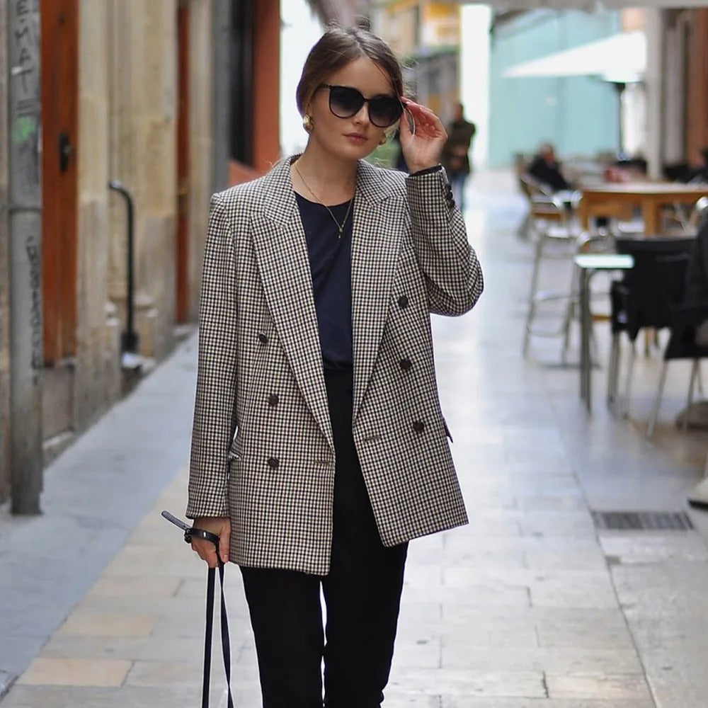 Vintage plaid blazerfrakke til kvinder