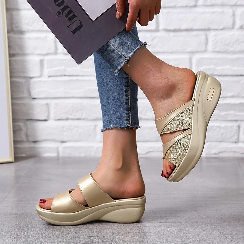 Ensfarvede glitter-sandaler til kvinder