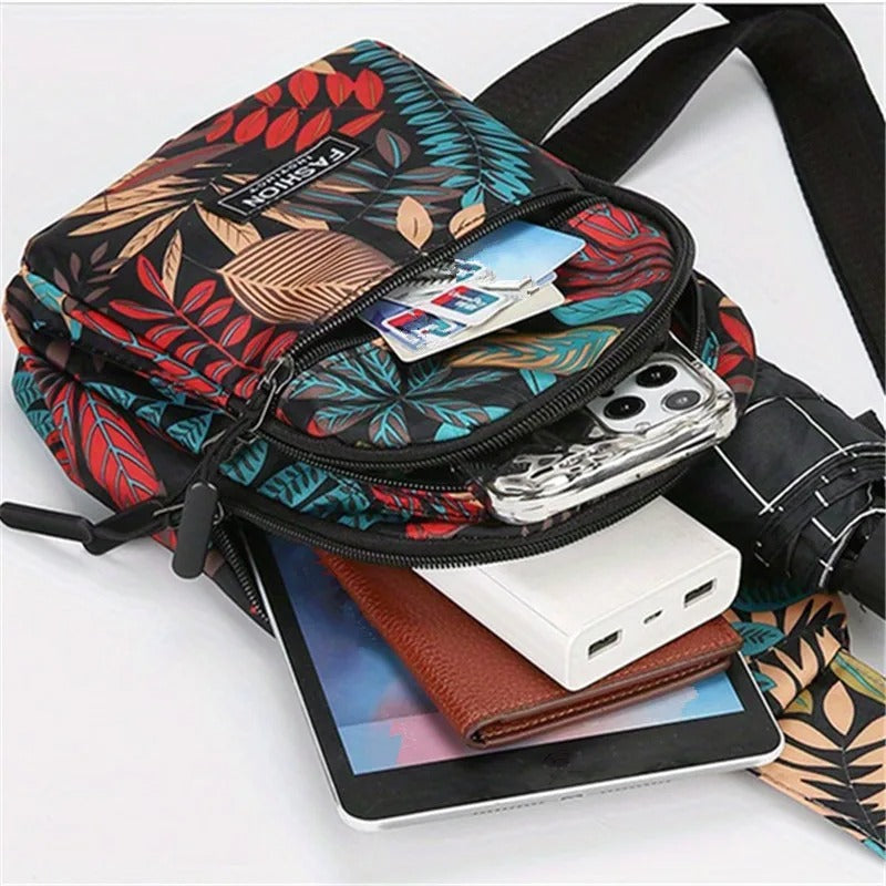 Slyngetaske med bladprint