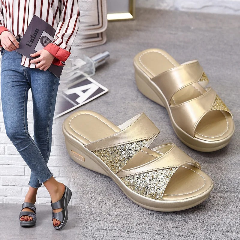 Ensfarvede glitter-sandaler til kvinder