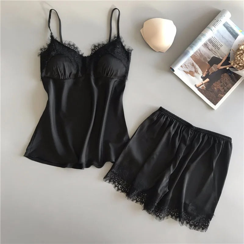 Kvinders V-hals satin nattøjssæt