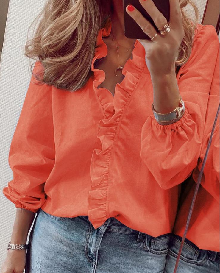 Skjortebluse Dame V-udskæring med Ruches 100% Polyester-5